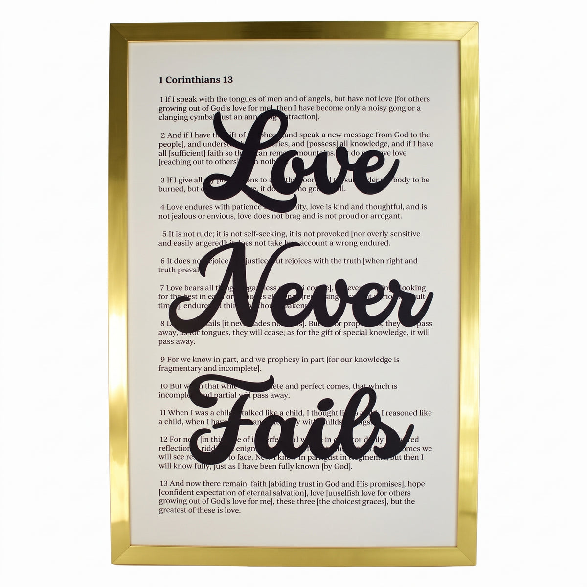 1 Corinthians 13 Love Never Fails - Gold Framed 11x17 Christian scripture wall art the love chapter